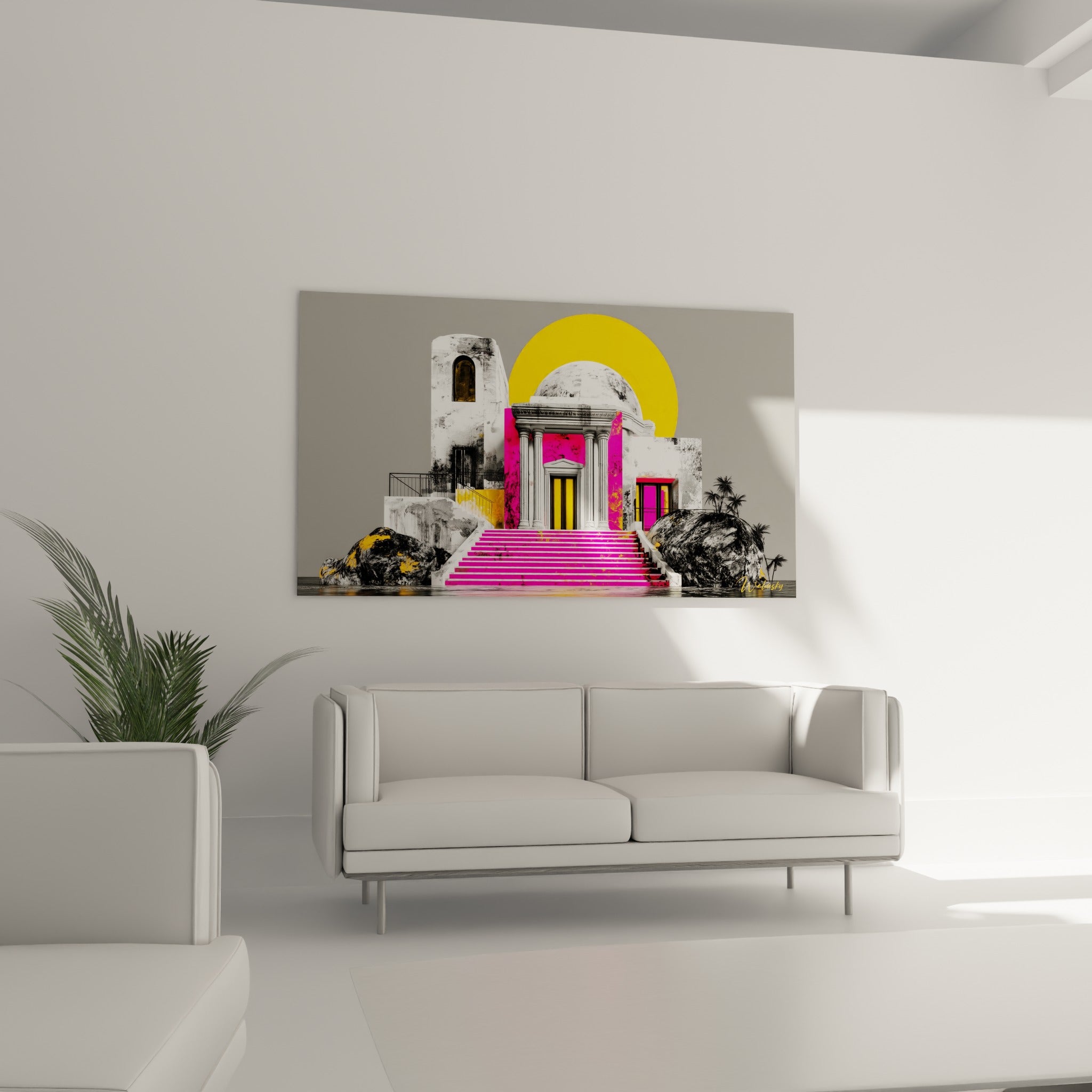Dôme blanc et soleil doré du tableau architecture abstraite, au-dessus d'un canapé dans un salon lumineux