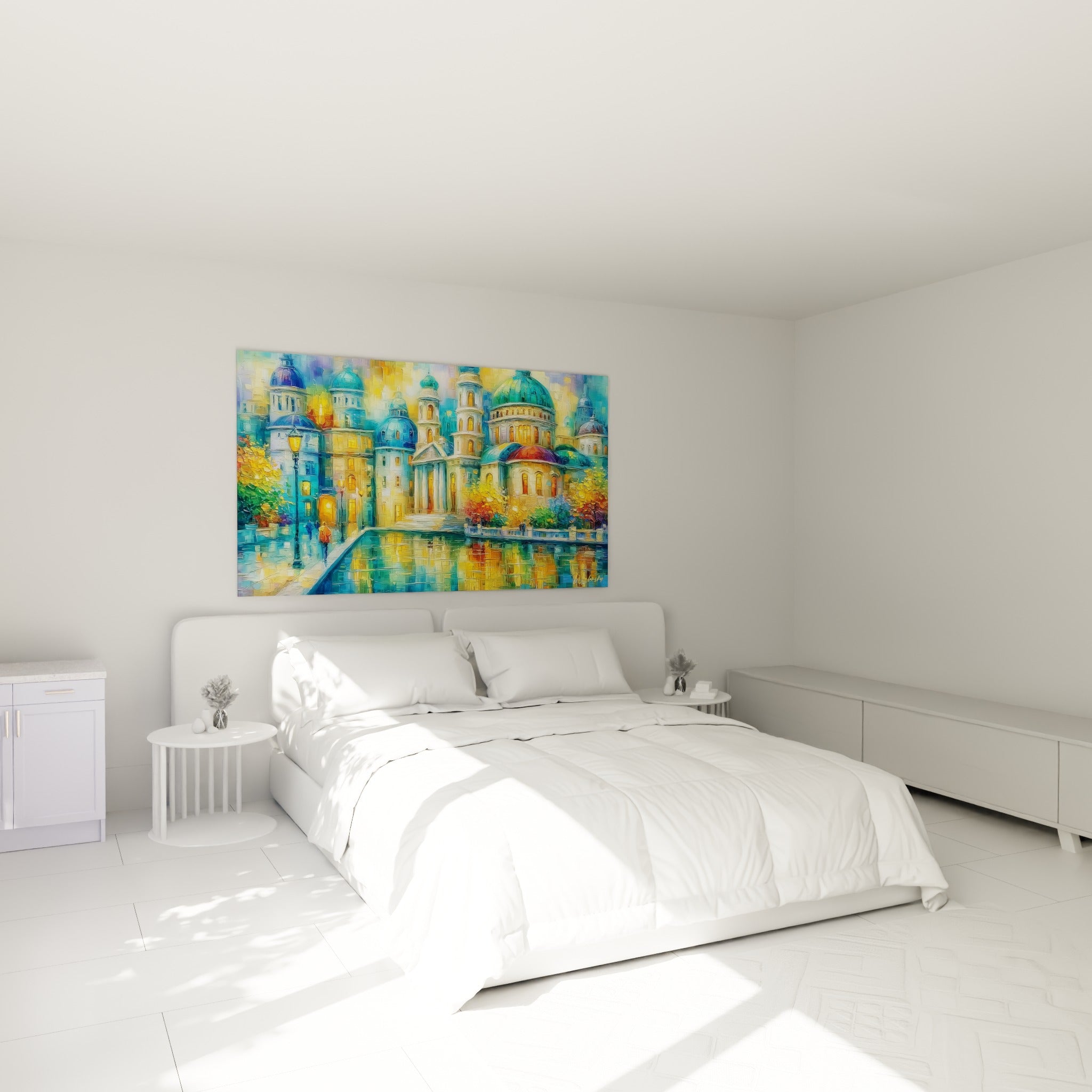 Dômes turquoise et façades dorées d'une cité nocturne, accrochés au-dessus d'un lit dans une chambre claire