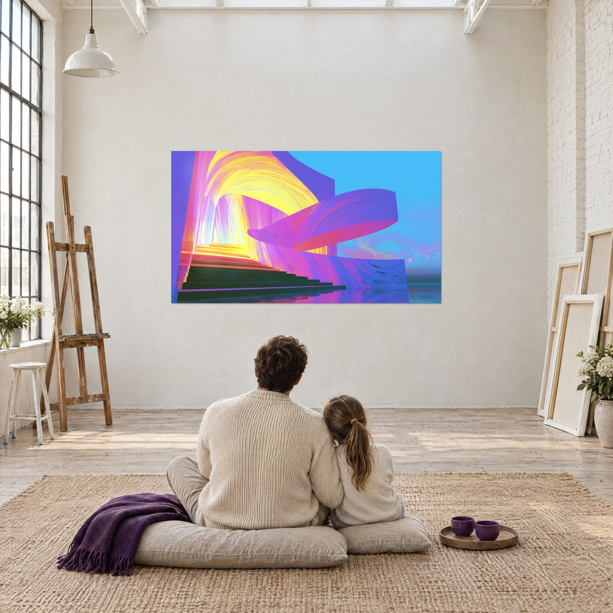 Gemälde traumhafte Architektur, gelbes Gewölbe und violette Schwünge vor blauem Himmel, zwei von hinten gesehene Silhouetten auf einem Teppich im Loft sitzend