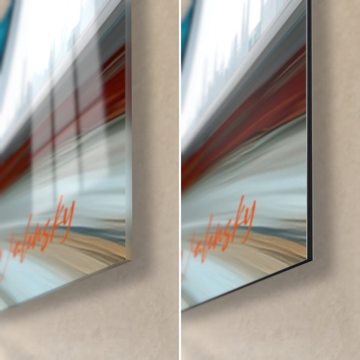 Tableau édifice courbe, coin bas droit : verre brillant à gauche, Dibond mat à droite, filets orange, bleu et blanc, tranche de 3 mm