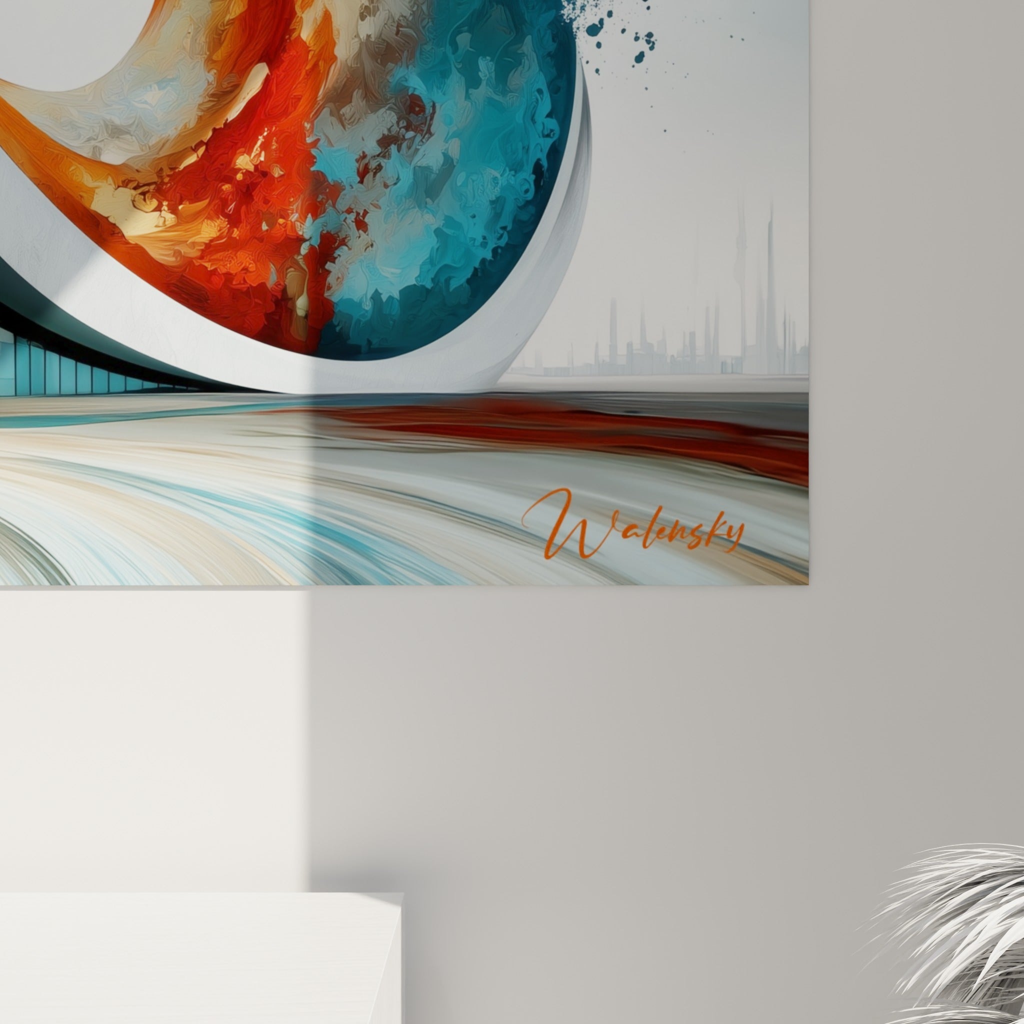Éclaboussures orange et bleu pétrole sur toile, grain et coulures visibles près de la boucle architecturale blanche