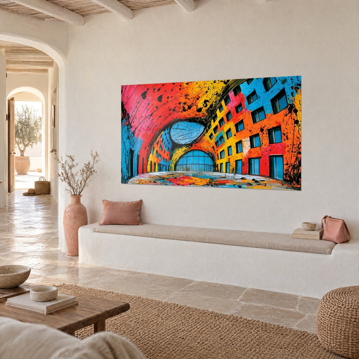 Quadro volta di palazzi dipinta in rosa e arancio, lucernario ovale blu e colature nere, parete imbiancata di una casa mediterranea
