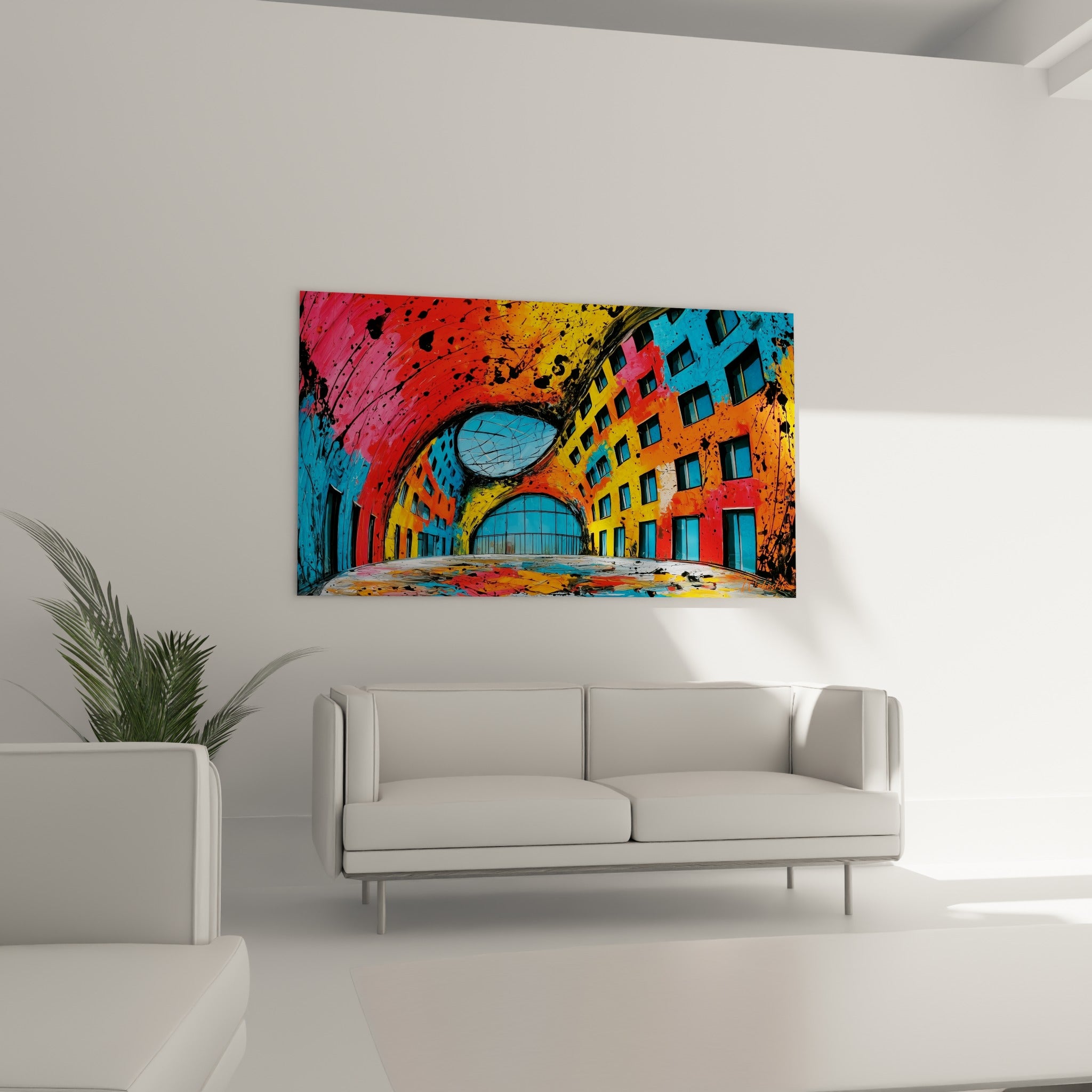 Structure architecturale rose et bleue aux touches d'éclaboussures, au-dessus d'un canapé dans un salon lumineux
