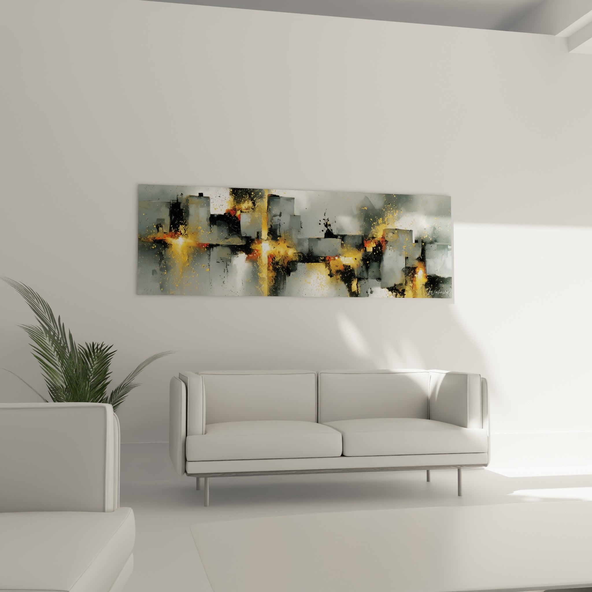 Éclats orangés et blocs anthracite du tableau architecture abstrait au-dessus d'un canapé dans un salon lumineux
