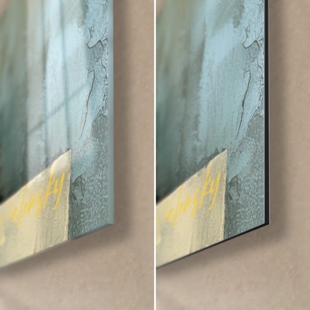 Tableau marches abstraites en sarcelle et jaune, coin bas droit, signature dorée, verre acrylique brillant et Dibond mat, tranche de 3 mm