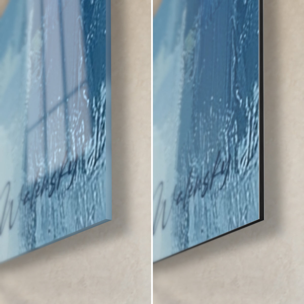 Tableau skyline en empâtements bleu ciel et jaune, coin bas droit : verre brillant à gauche, Dibond mat, tranche de 3 mm
