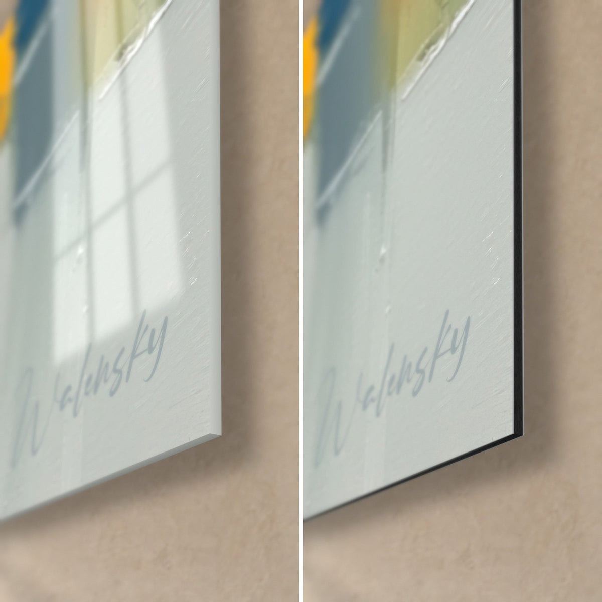 Tableau duo de silhouettes orange et bleu, coin bas droit : signature Walensky, verre brillant et Dibond noir mat de 3 mm