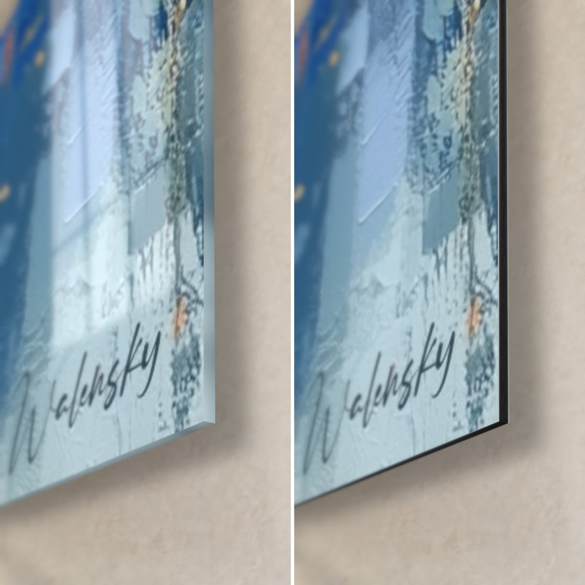 Tableau skyline en coups de couteau, coin bas droit : signature Walensky, verre brillant à gauche, Dibond mat à droite