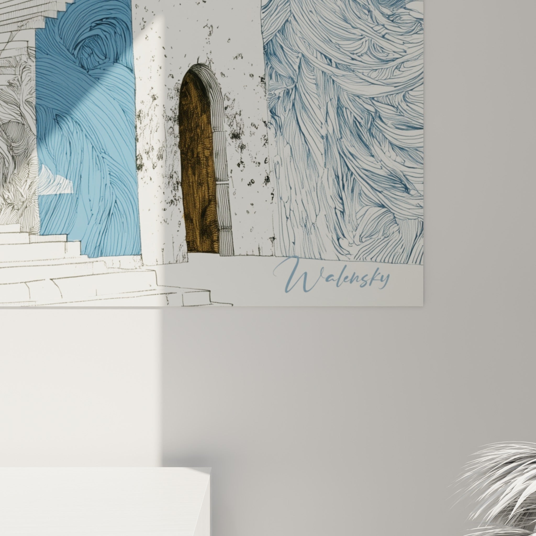 Traits d'encre noire et empâtements bleu marine sur l'escalier architecture abstrait accrochée