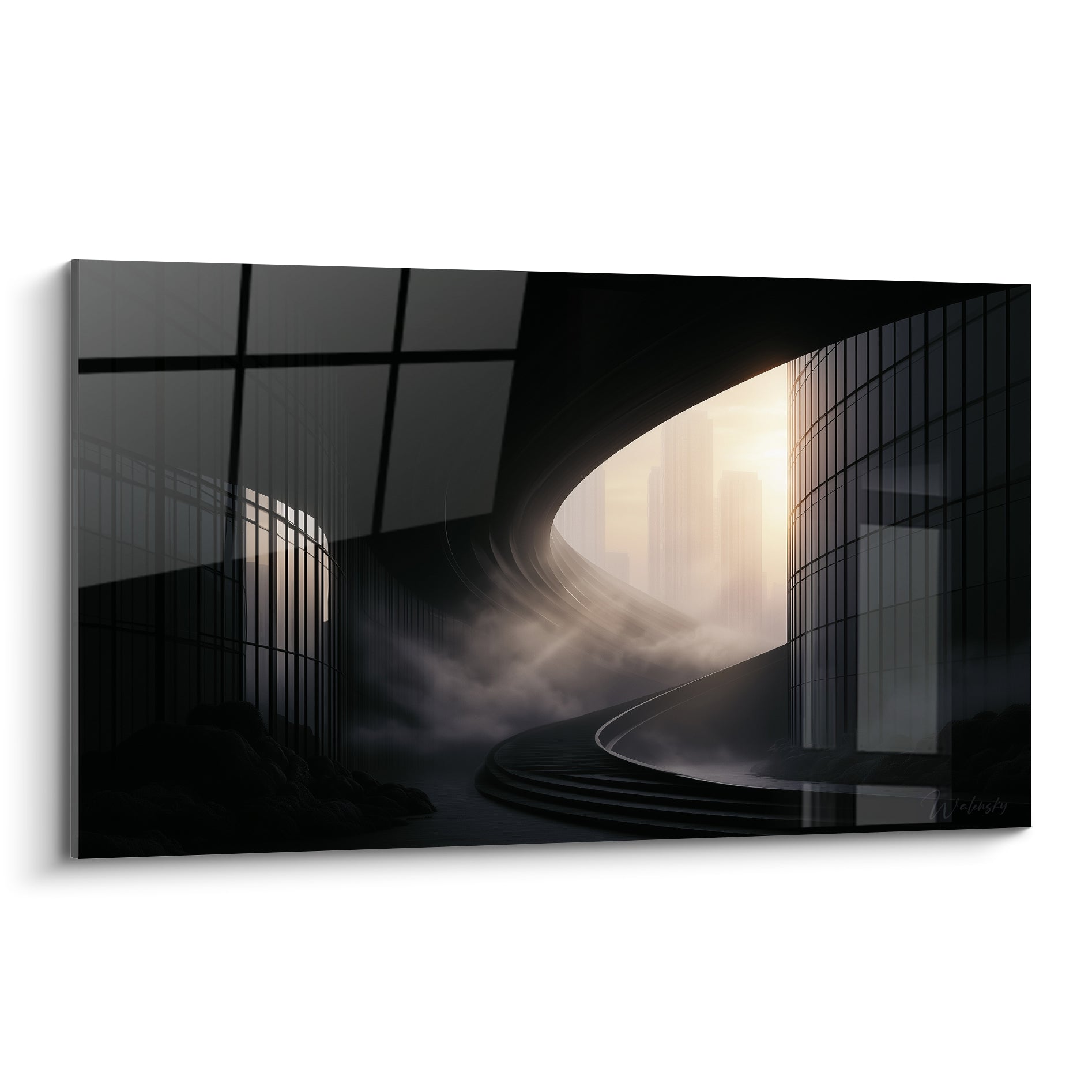 Escalier architecture anthracite et doré s'ouvrant sur une skyline brumeuse illuminée