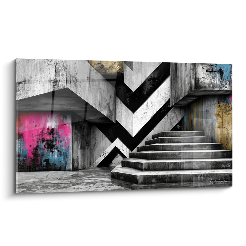 Gemälde Beton Treppe mit rosa und blauen Wänden - Geheimgang - Architektur Edition abstrakte Kunst