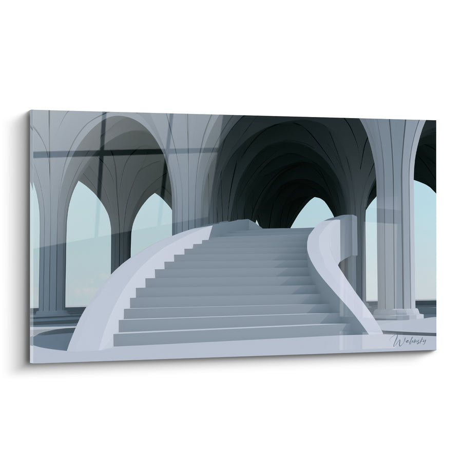 Tableau Escalier blanc et gris sous voûtes gothiques - Nef silencieuse - Edition Architecture abstrait