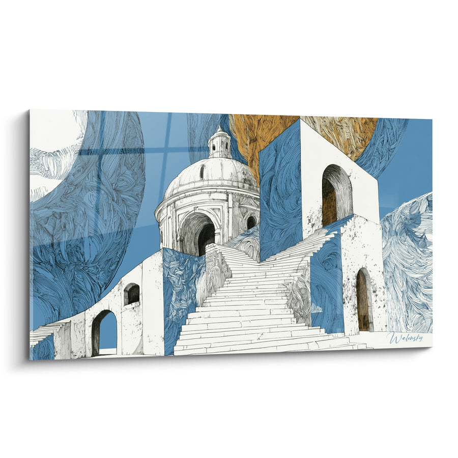Tableau Escalier blanc aux voiles bleu et ocre - Ascension céleste - Edition Architecture abstrait