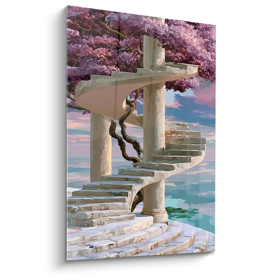 Gemälde Wendeltreppe unter violetten Blüten - Aufstieg in den Himmel - Edition Architektur abstrakt