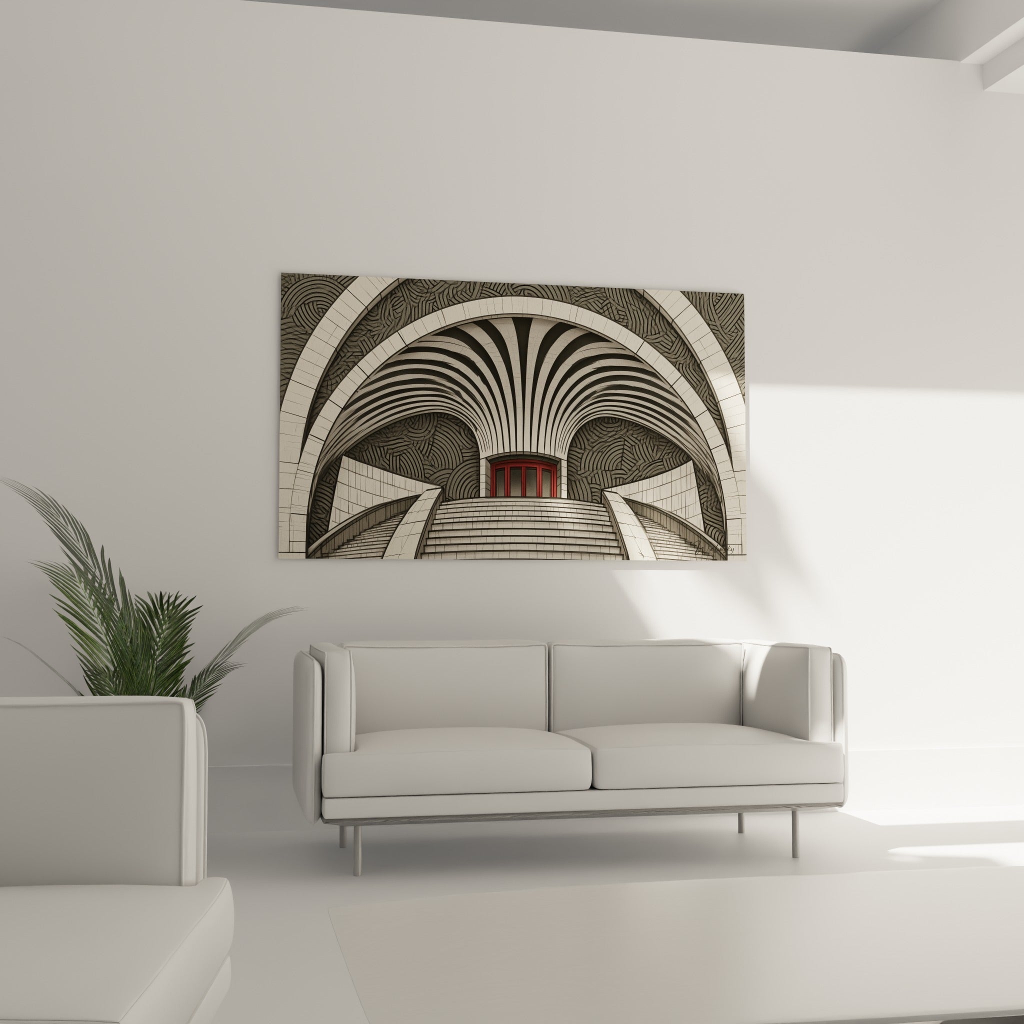 Escalier incurvé menant à une porte rouge sous voûte crème, tableau architecture abstrait au-dessus d'un canapé dans un salon lumineux