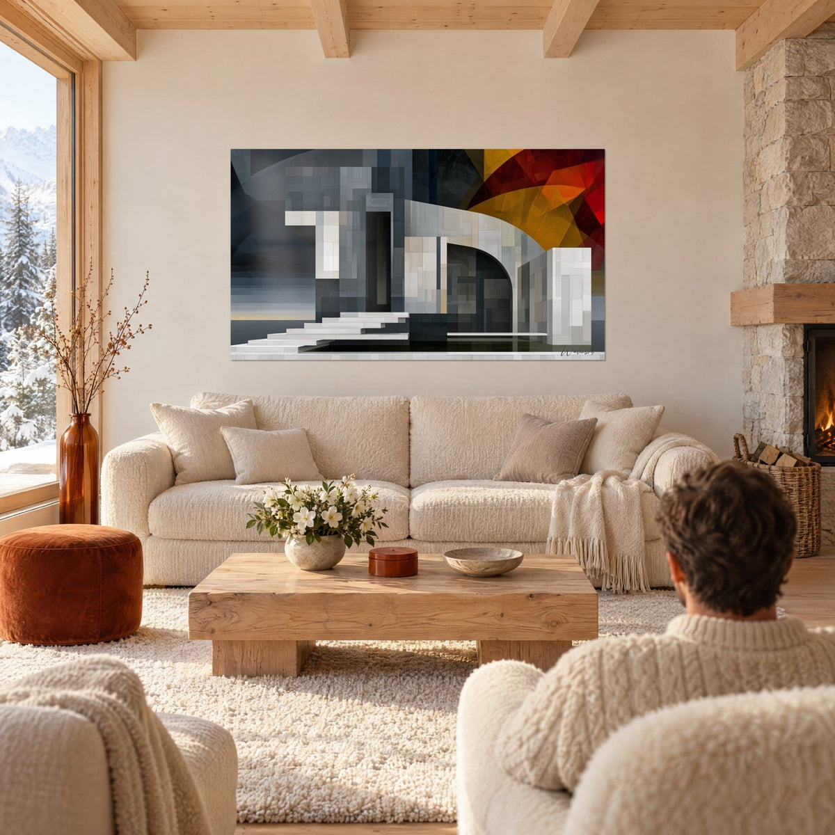 Quadro edificio cubista in mosaico di grigio e bianco, velo ambra e rosso in alto, sopra un divano in un soggiorno luminoso