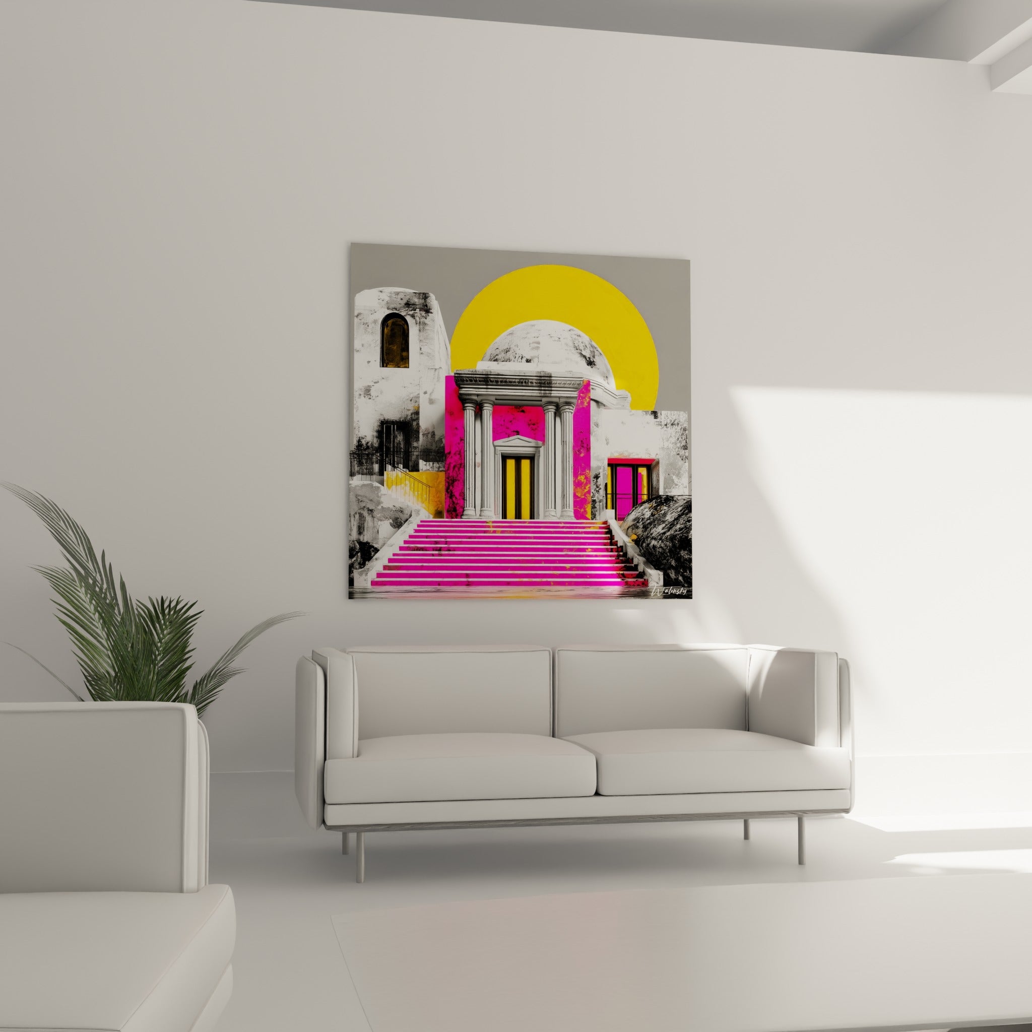 Escalier magenta menant à un temple blanc sous un disque jaune, au-dessus d'un canapé dans un salon lumineux