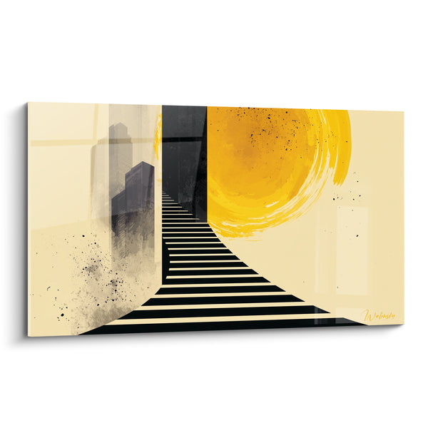Cuadro Escalera rayada negro y amarillo hacia un sol radiante - Siluetas de rascacielos beige - Edición Arquitectura abstracta