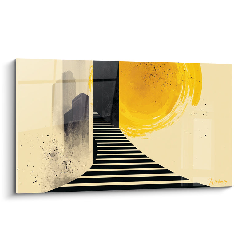 Tableau Escalier rayé noir et jaune vers un soleil éclaté - Silhouettes de gratte-ciel beige - Edition Architecture abstrait
