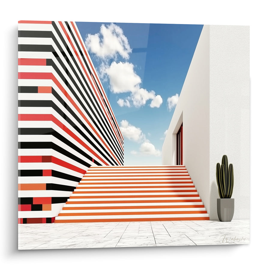 Gemälde Treppe orange und Fassade gestreift schwarz - Übergang zum Himmel - Edition Architektur abstrakt
