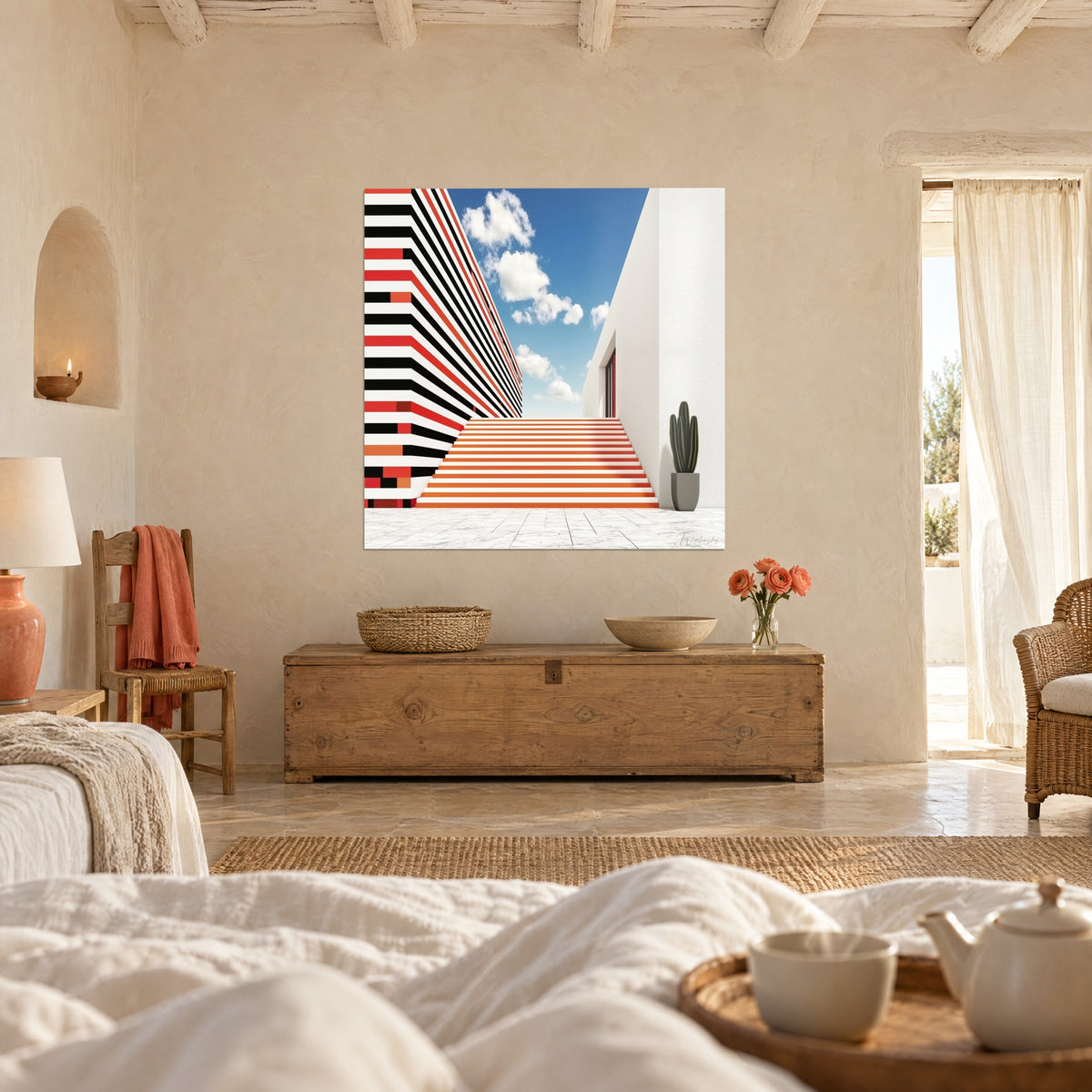 Tableau architecture graphique, mur blanc et escalier orange vers les nuages, accroché au-dessus d'un lit dans une chambre claire
