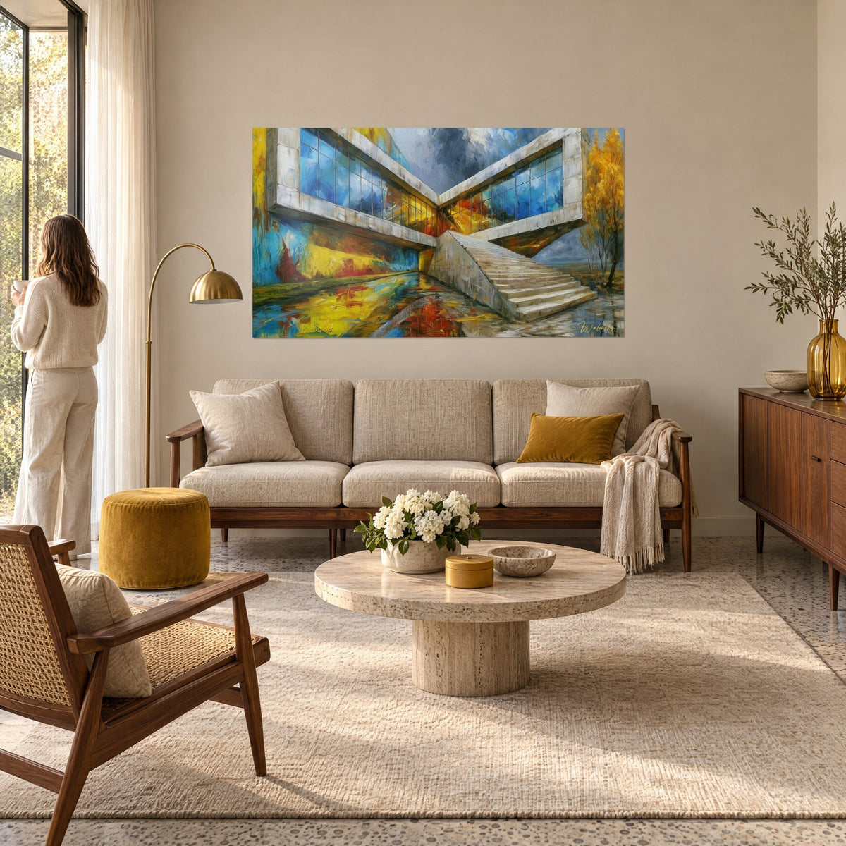 Wall art futuristic building with cobalt blue and mustard yellow windows, wide stone staircase, above a sofa in a bright living room