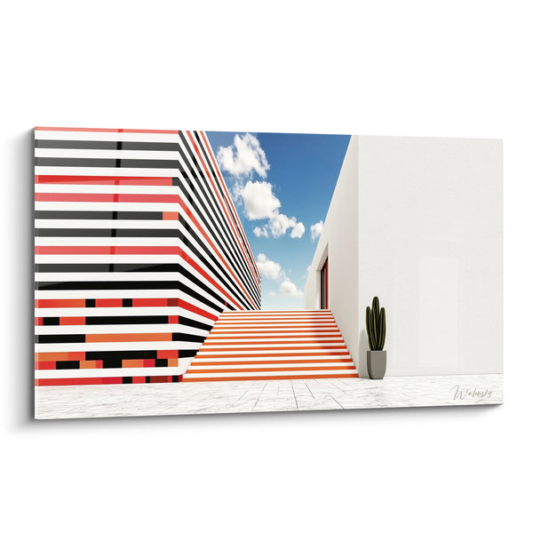 Cuadro Escalera naranja y negra cerca de un cactus - Nubes entre paredes - Edición Arquitectura abstracta