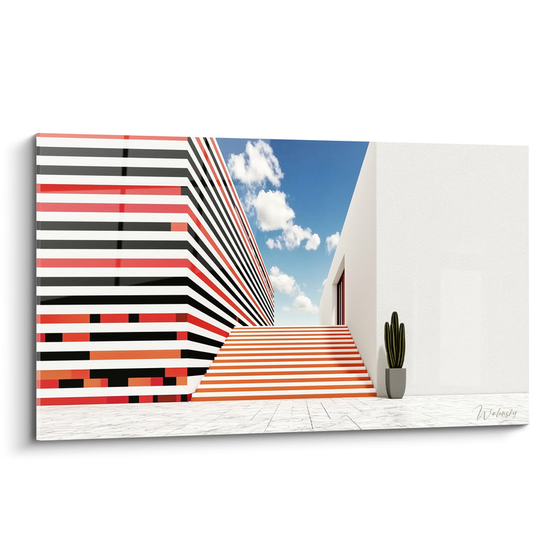 Gemälde Treppe orange und schwarz neben einem Kaktus - Wolken zwischen den Wänden - Architektur Edition abstrakte Kunst