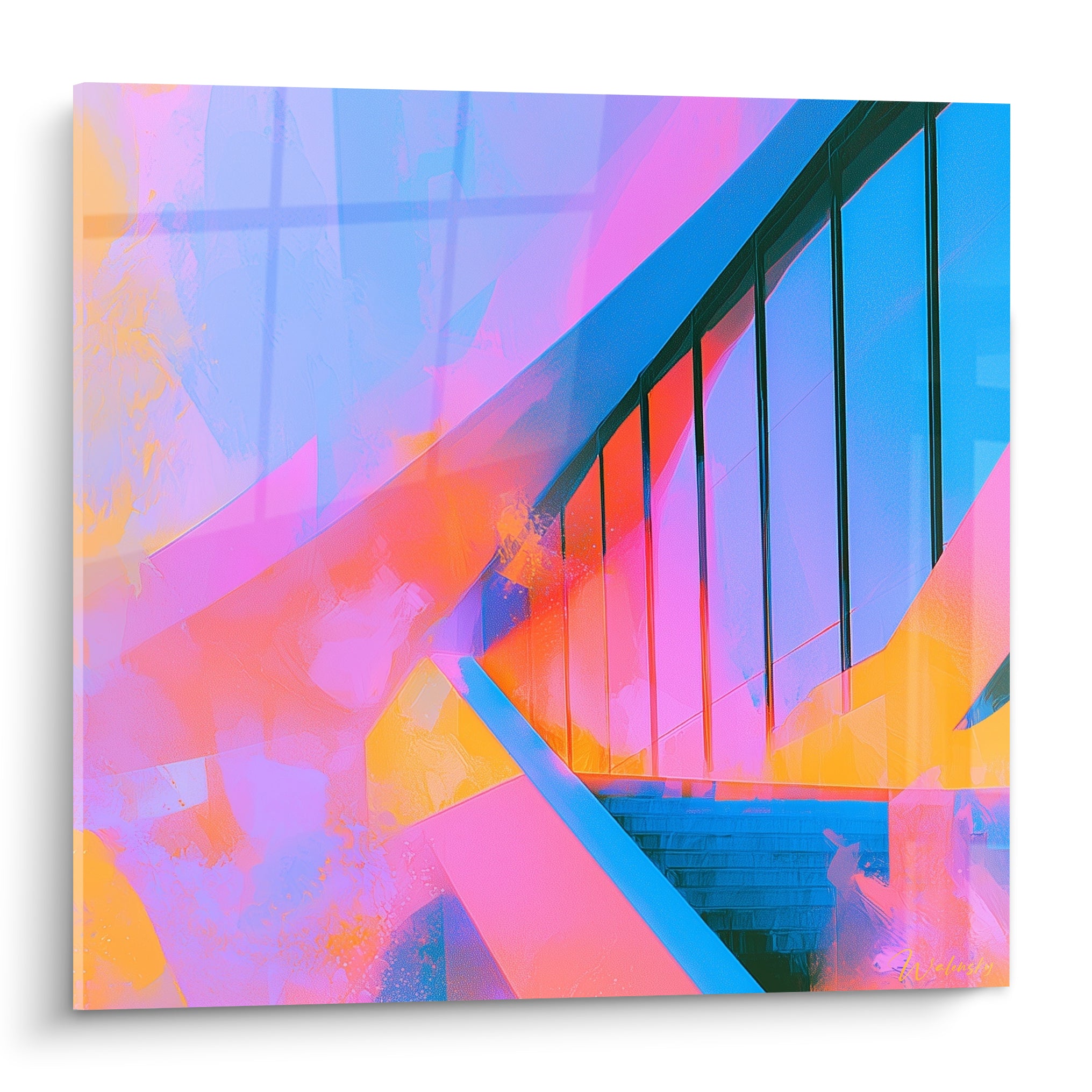 Escalier abstrait rose fuchsia et bleu électrique, rambarde noire traversant une verrière colorée