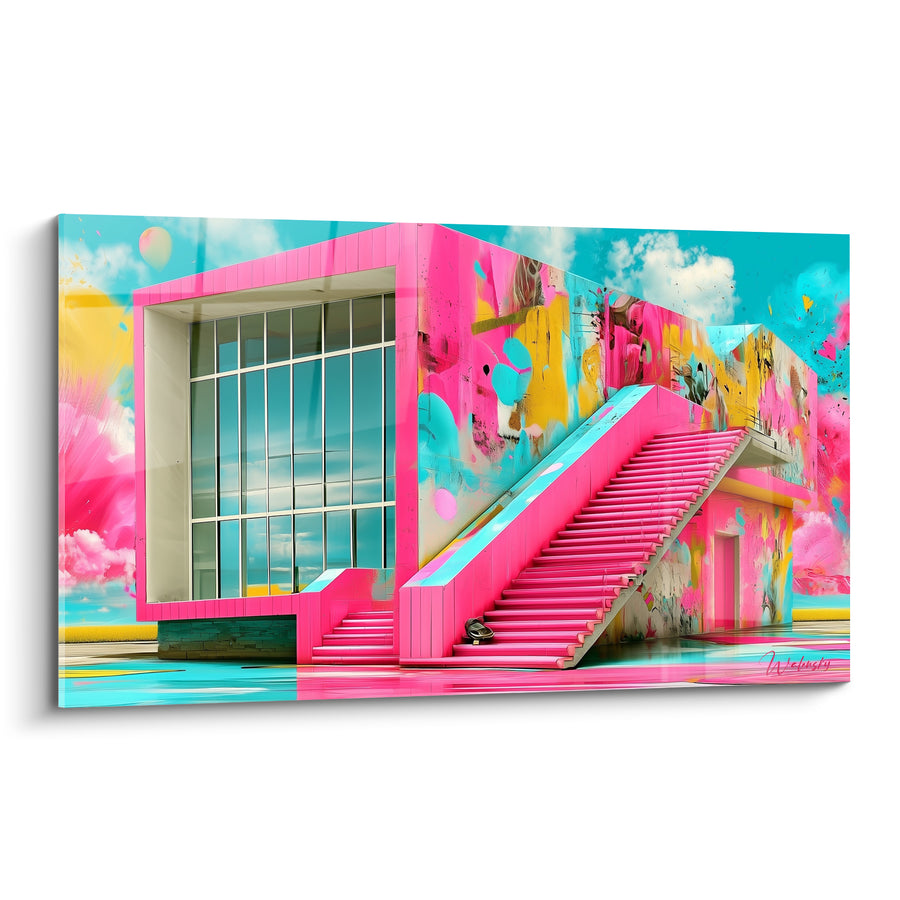 Tableau Escalier rose et turquoise aux éclaboussures peintes - Bâtisse aux murs graffés - Edition Architecture abstrait