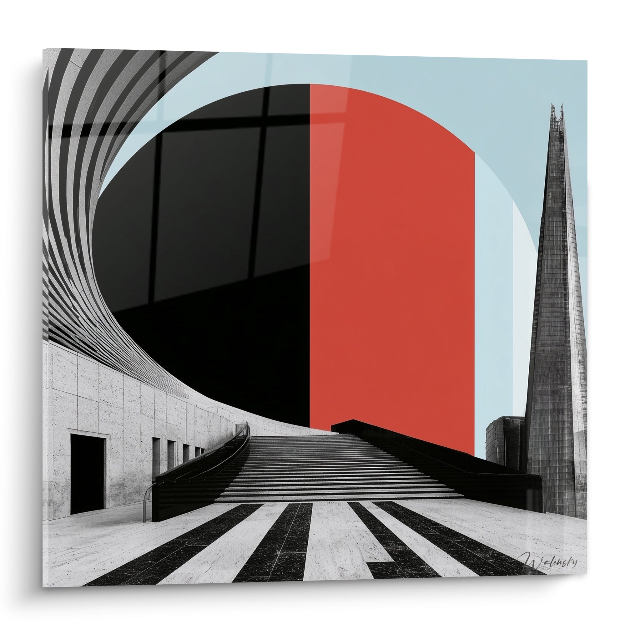Architecture abstrait : escalier noir et blanc, disque rouge et noir, tour vitrée bleu pastel