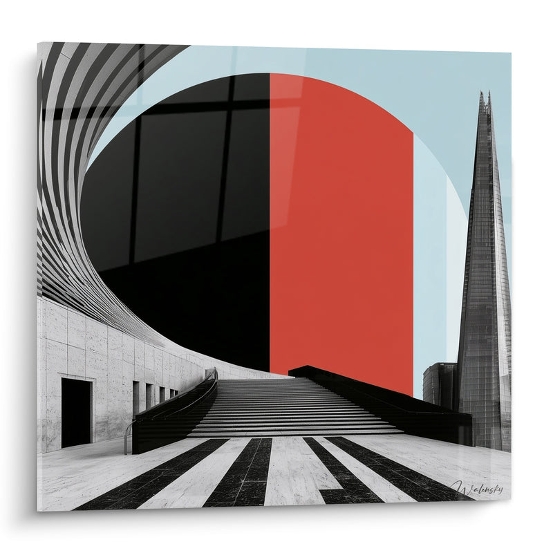 Monumentales Treppe mit roten und schwarzen Formen - Aufstieg in die Zukunft - Architektur Edition abstrakte Kunst