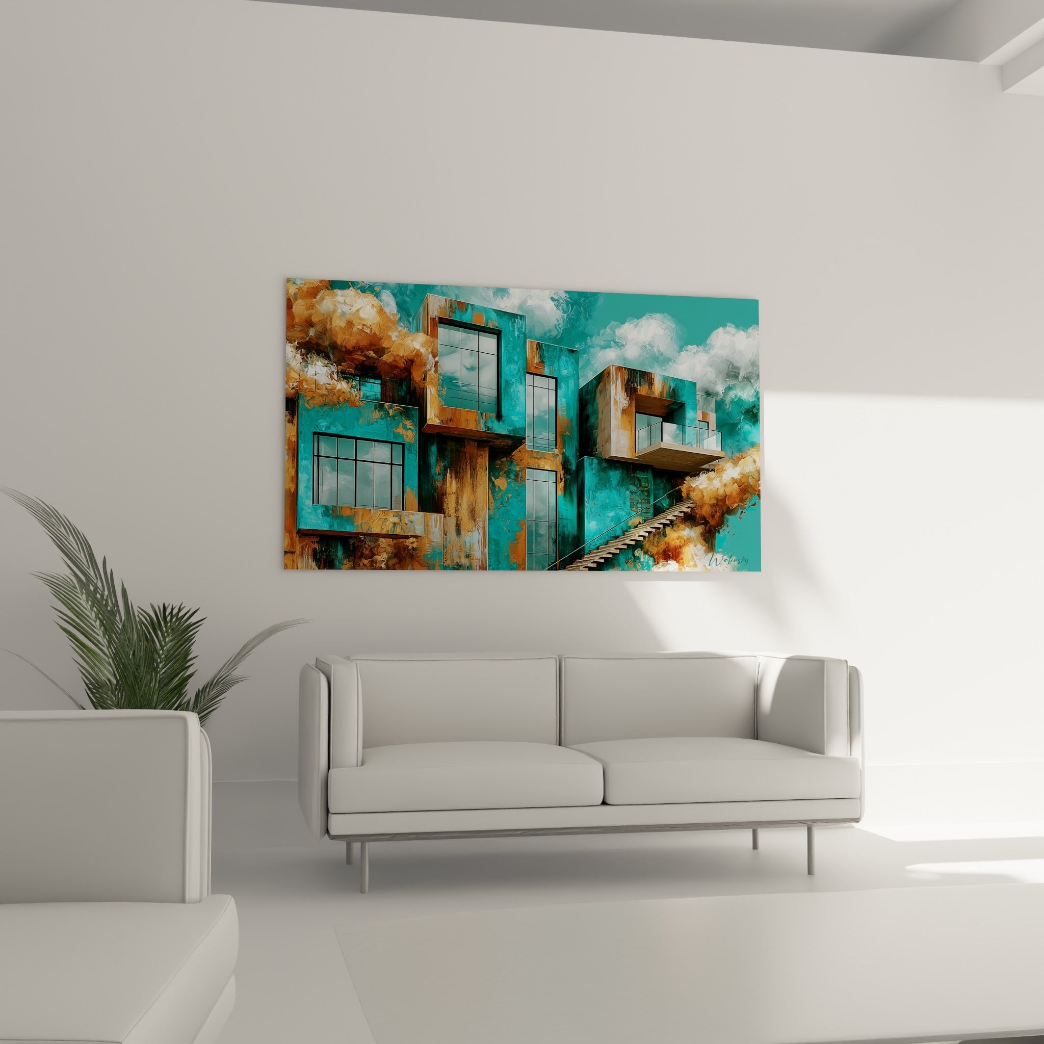 Structure cubiste turquoise aux reflets cuivrés de cette architecture abstraite au-dessus d'un canapé dans un salon lumineux