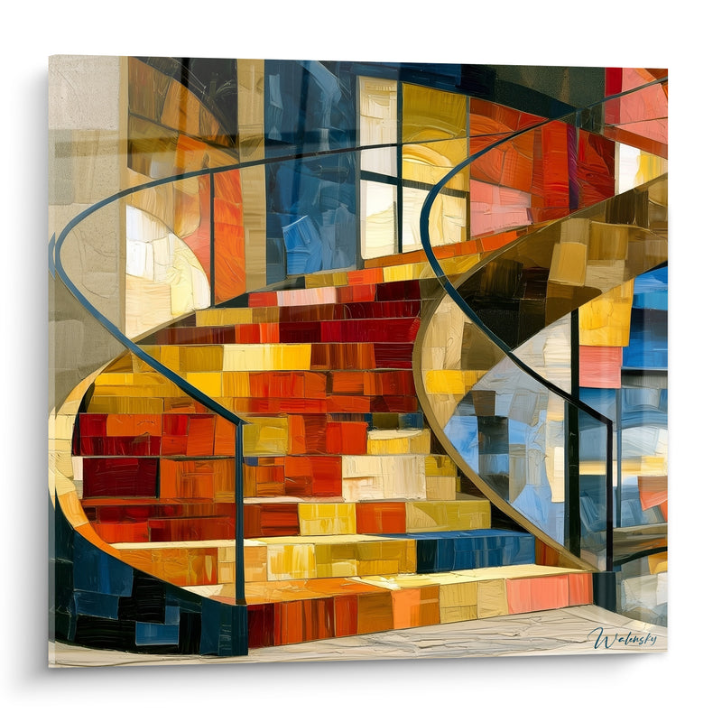 Tableau Escalier terracotta et bleu marine mosaïque - Ascension flamboyante - Edition Architecture abstrait