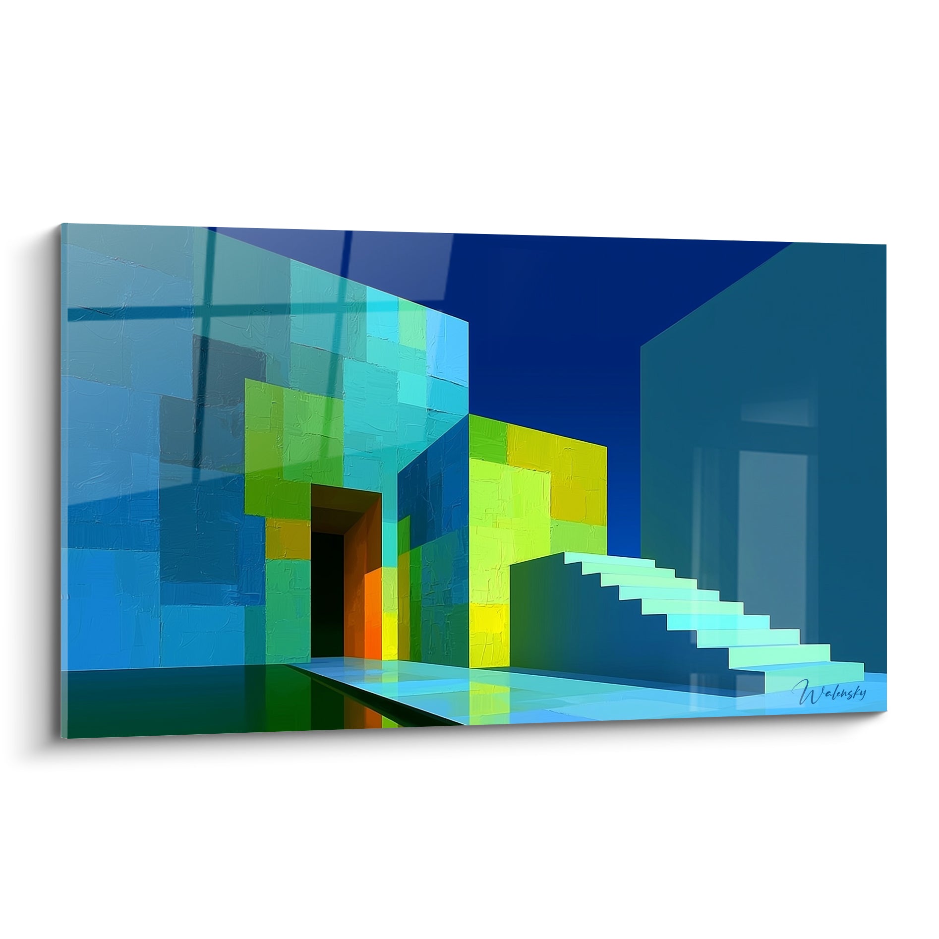 Escalier turquoise menant à un porche orangé, tableau architecture abstrait bleu marine et jaune citron