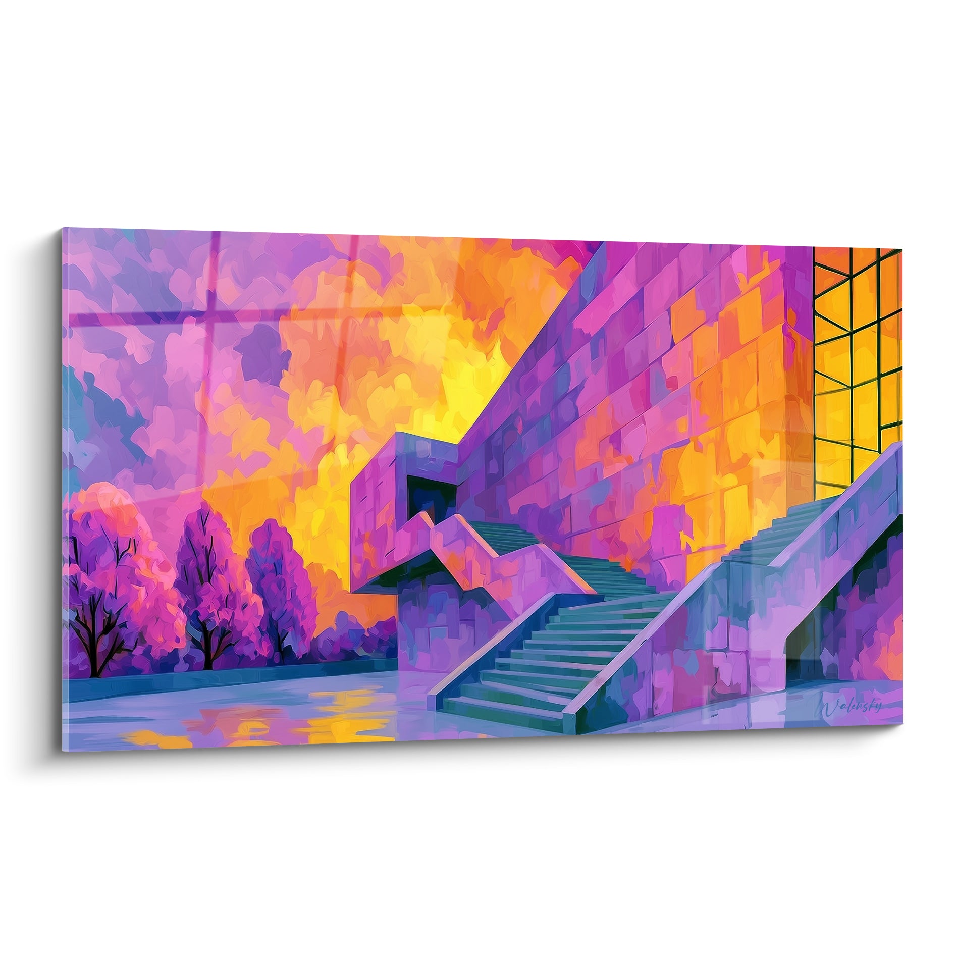 Escalier de pierre en architecture abstraite aux couleurs violet et doré, ciel embrasé en toile de fond