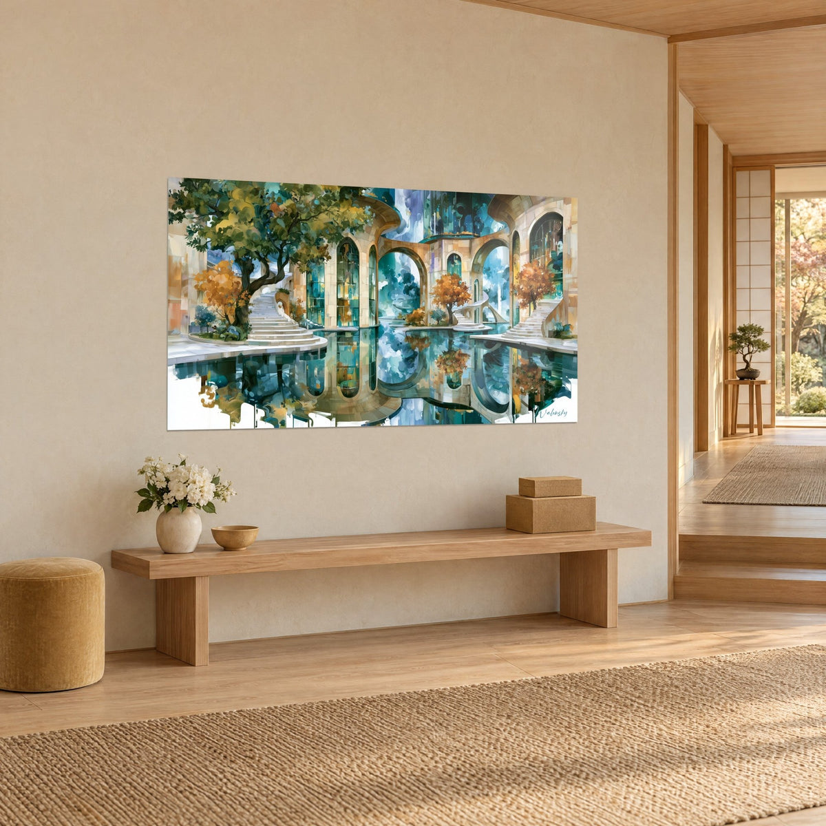 Tableau cité engloutie aux voûtes ocre et bleu paon, feuillage orangé et miroir d'eau, vue de trois-quarts sur banc en bois dans un couloir clair