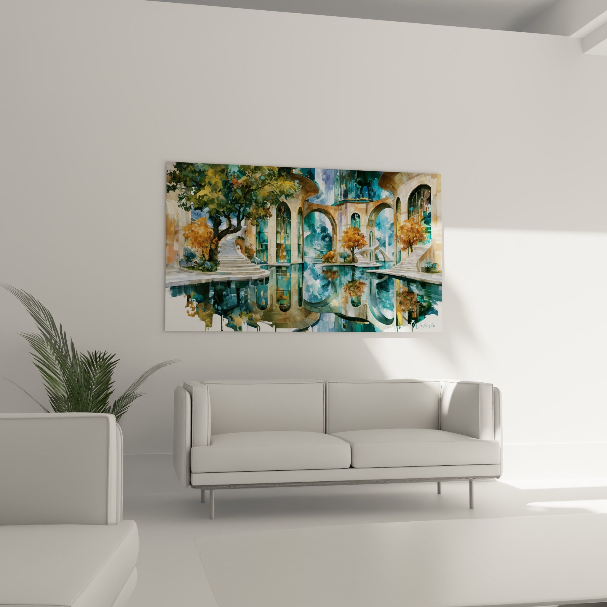 Escaliers blancs et arbres orangés bordant un bassin turquoise, au-dessus d'un canapé dans un salon lumineux