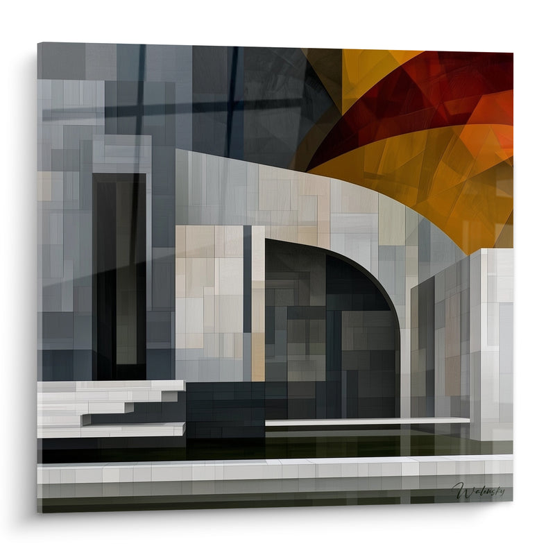 Gemälde Anthrazit- und Ockerfassade mit geometrischem Segel - Monumentaler Übergang - Edition Abstrakte Architektur