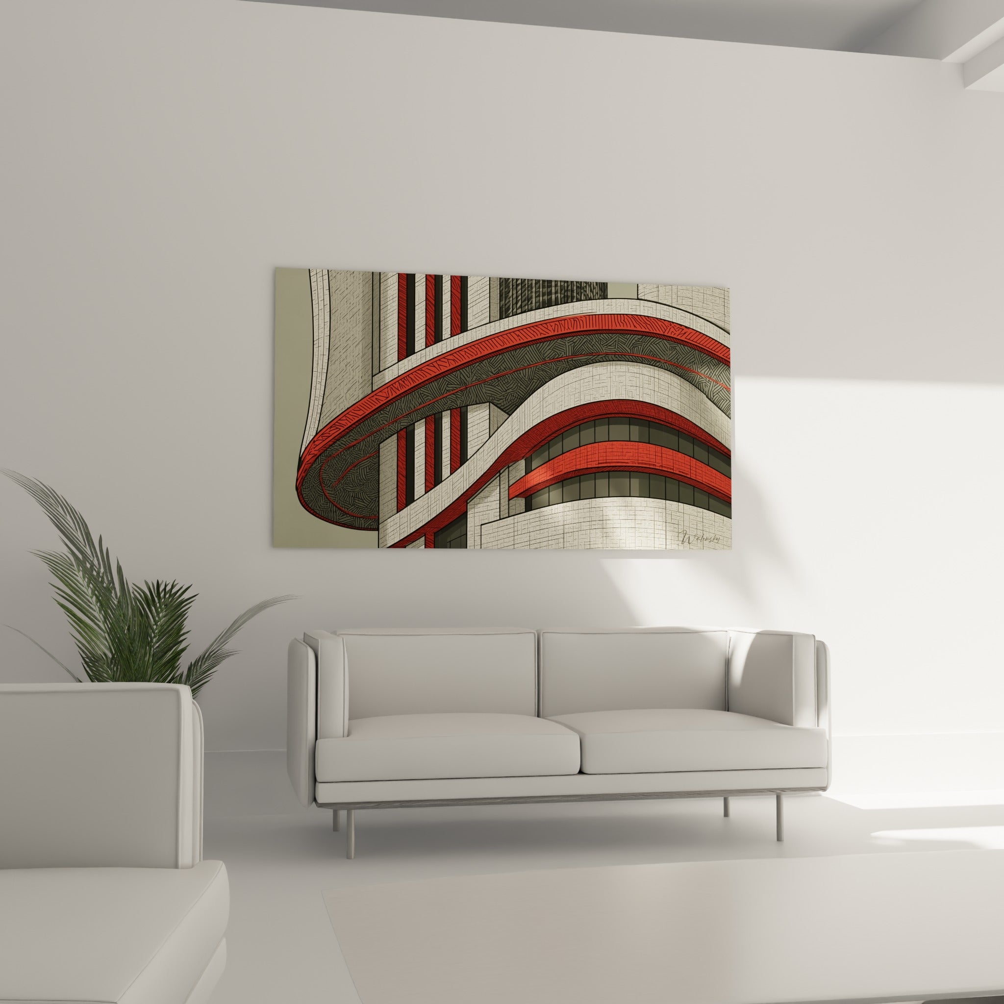 Motif en spirale rouge feu et gris anthracite de cette œuvre architecturale au-dessus d'un canapé dans un salon lumineux