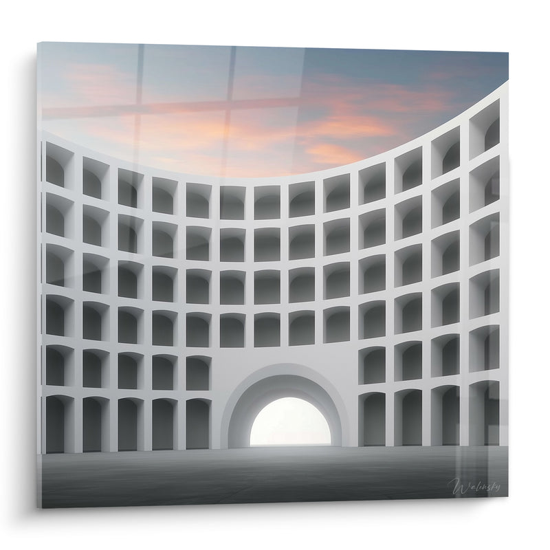 Gemälde Weiße Fassade mit Arkaden und rosafarbenem Himmel - Lichtschwellen - Architektur Edition Abstrakt