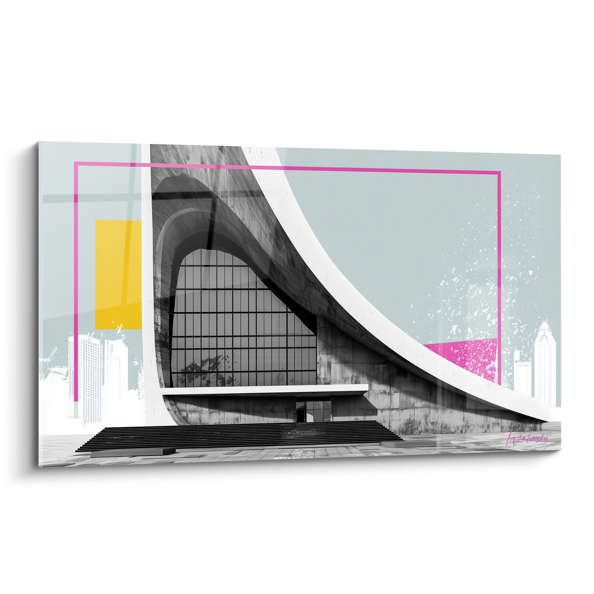 Bâtiment architecture abstrait aux courbes grises et cadre rose fuchsia, façade en béton monumentale