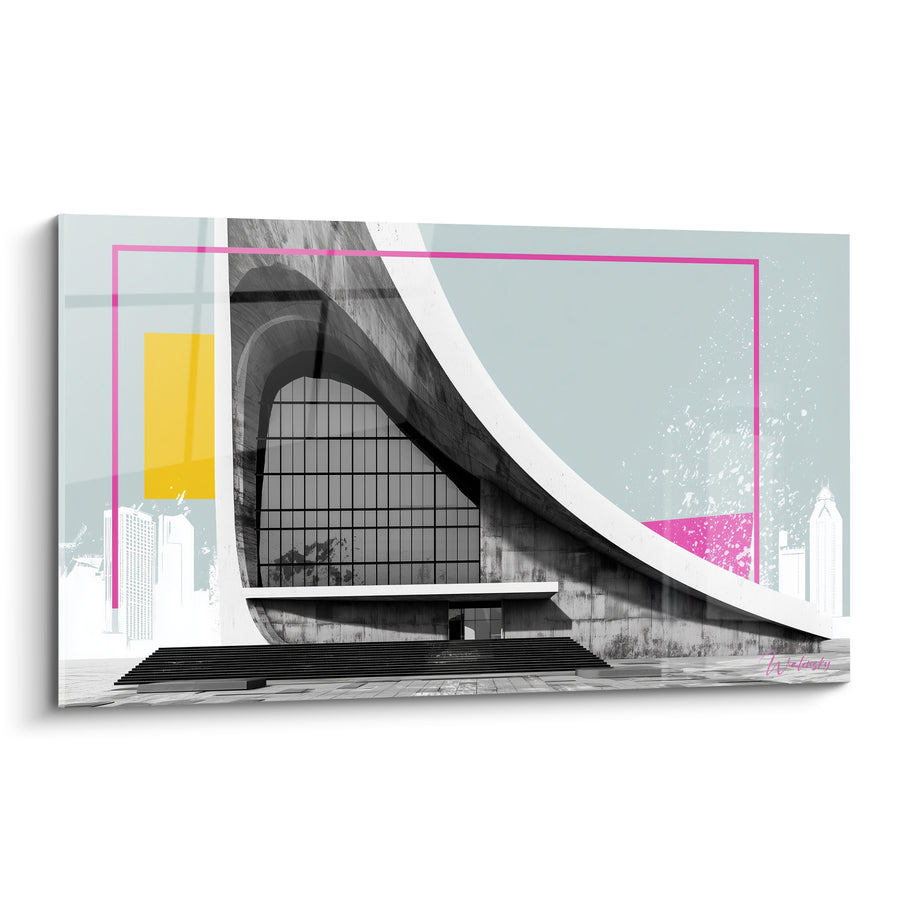 Tableau Bâtiment courbe gris et rose fuchsia - Élan urbain contemporain - Edition Architecture abstrait