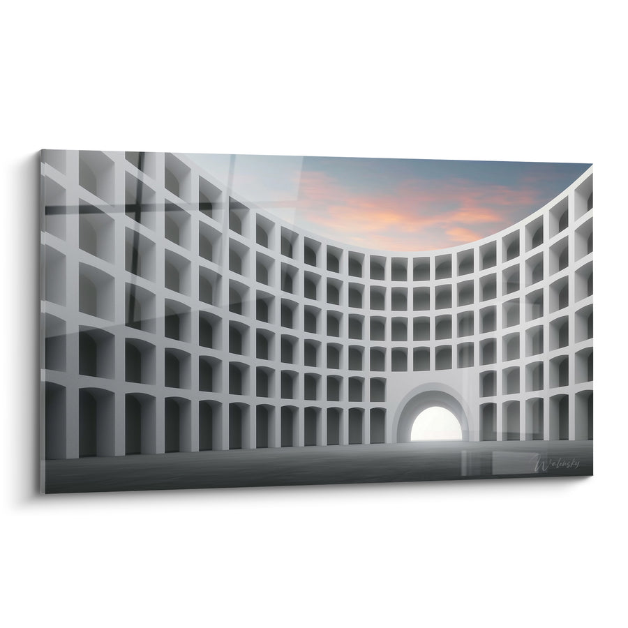 Gemälde Gebogene weiße Fassade und leuchtendes Bogen - Übergang in eine andere Welt - Architektur Edition abstrakt