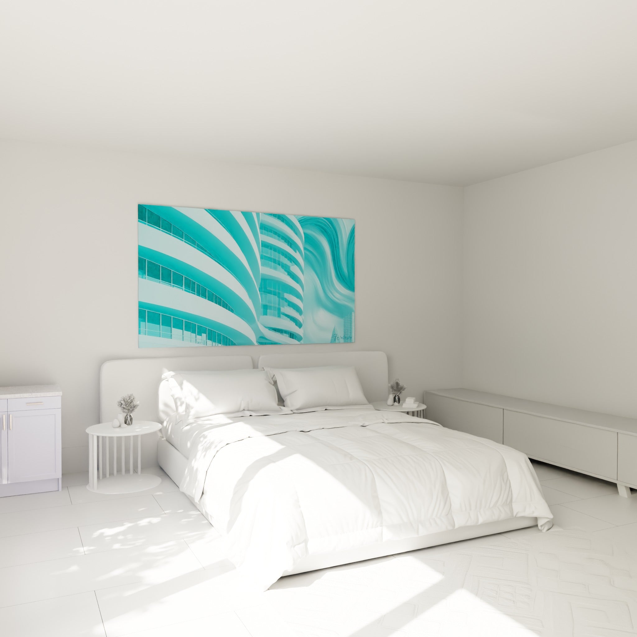 Façade incurvée turquoise et blanche accrochée au-dessus d'un lit dans une chambre claire
