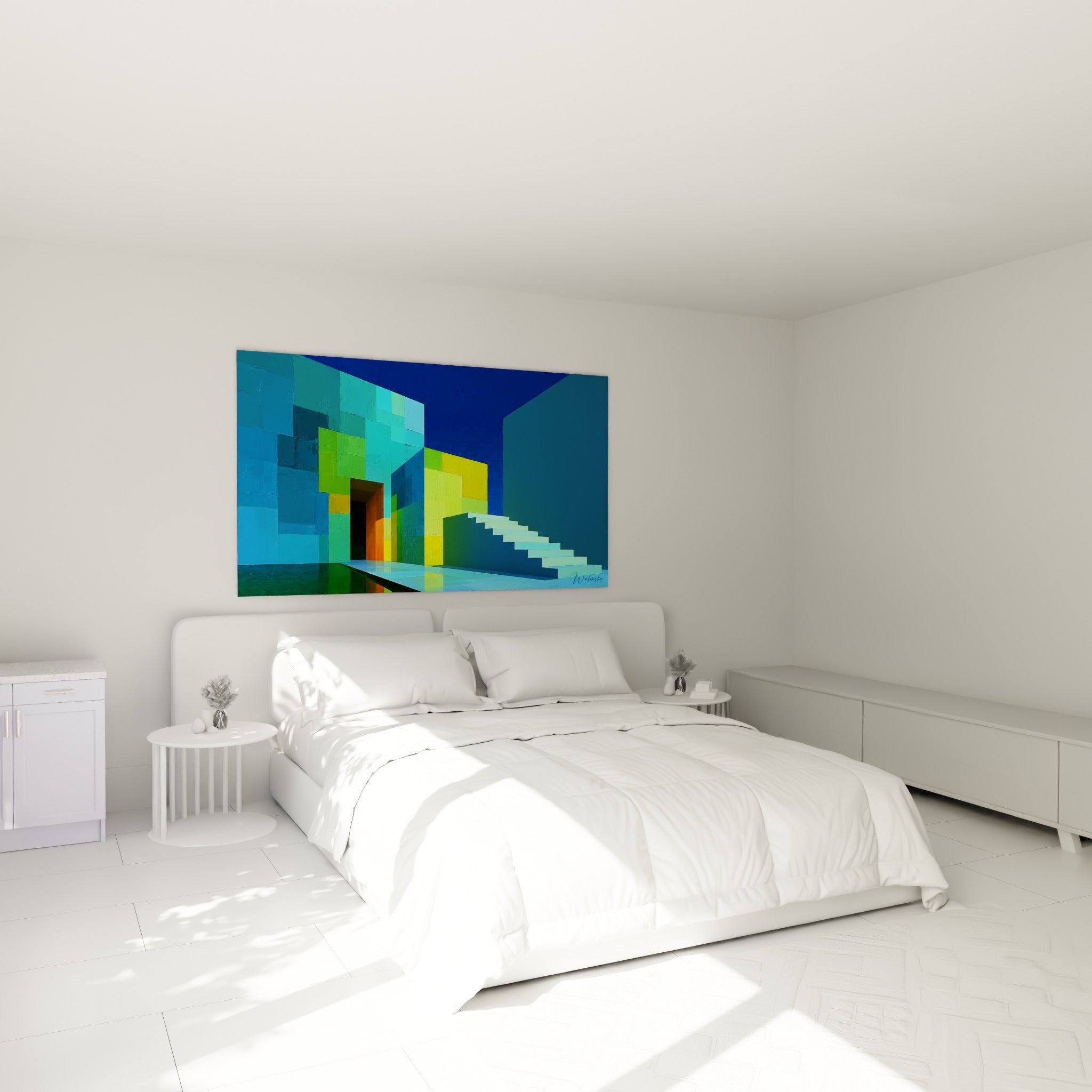 Façades géométriques bleu marine et jaune vif d'un tableau architecture abstrait, au-dessus d'un lit dans une chambre claire