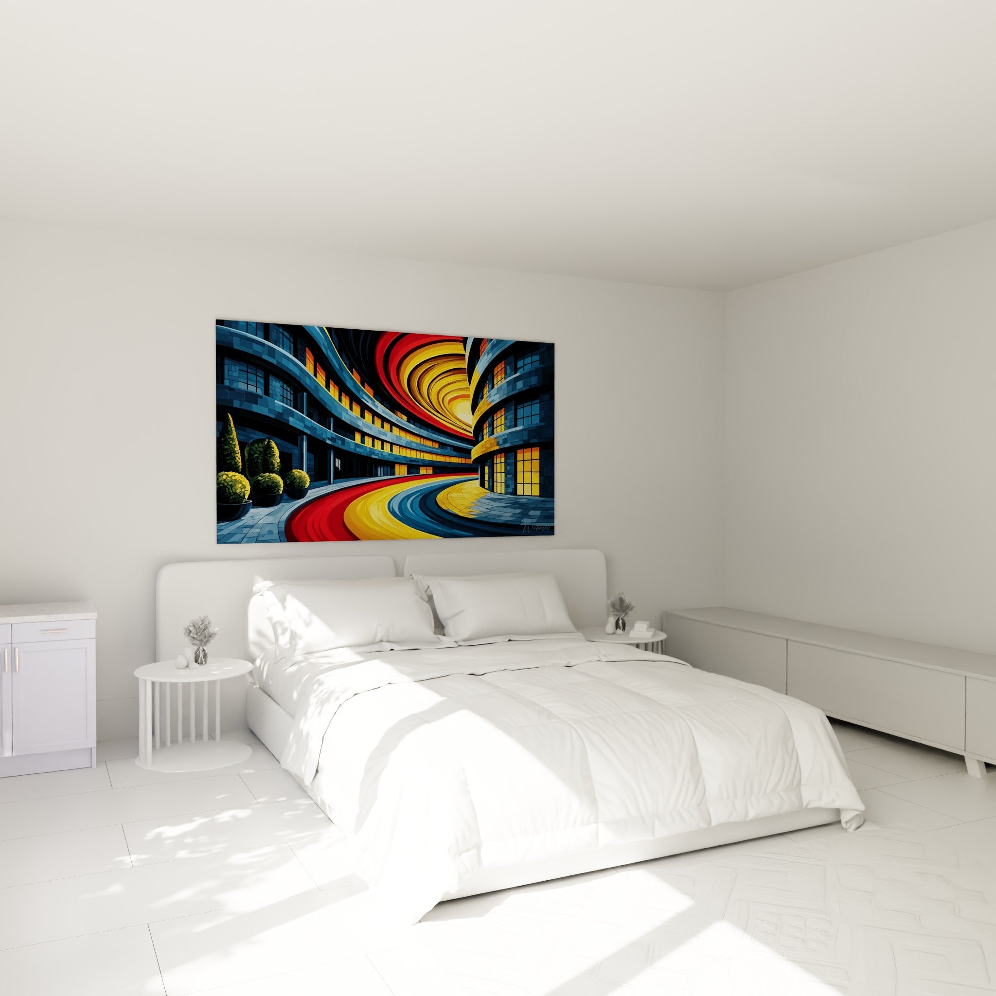 Immeuble tourbillonnant en bleu marine et jaune doré au-dessus d'un lit dans une chambre claire