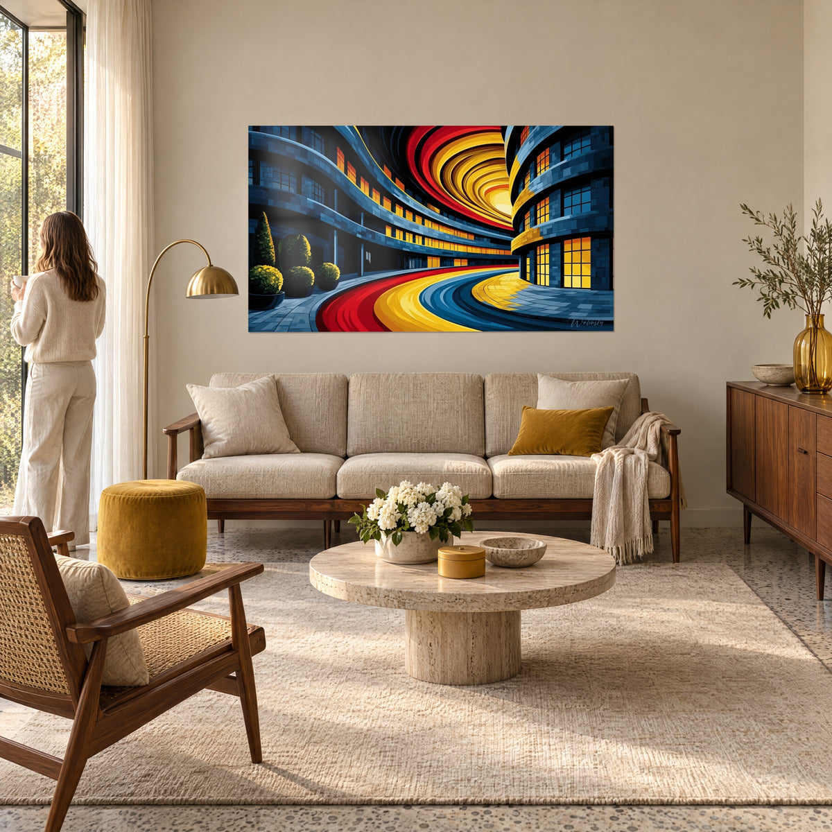 Quadro facciata curva blu ardesia e spirale giallo zafferano, bossi potati in vaso, sopra un divano in un soggiorno luminoso