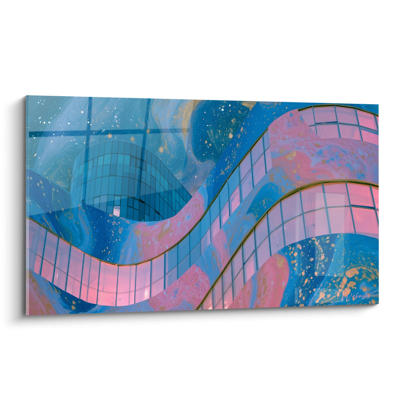 Wavy Building Painting Blue and Pink with Gold Splashes - Curved Glass Tower - Abstract Architecture Edition