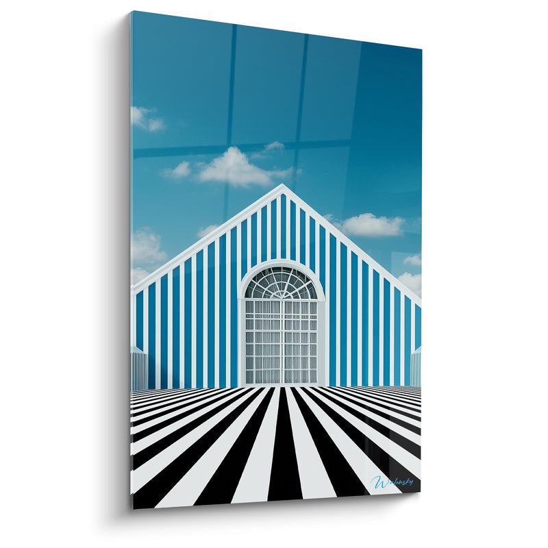 Striped Triangular Facade Painting Blue and White - Dizzying Perspective - Abstract Architecture Edition